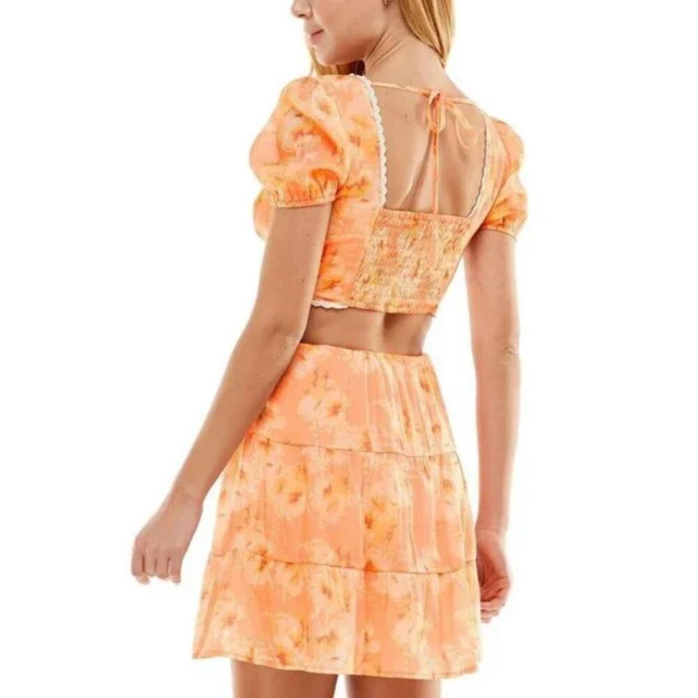 CITY STUDIO Floral Dress Peach Open Back Mini Smocked Summer Dress Medium